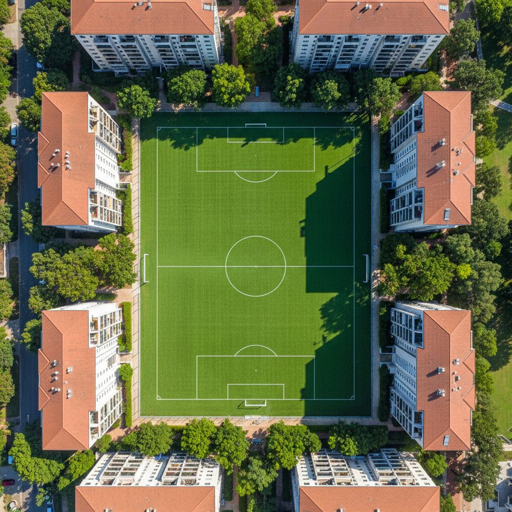 Двор с футбольной коробкой сверху